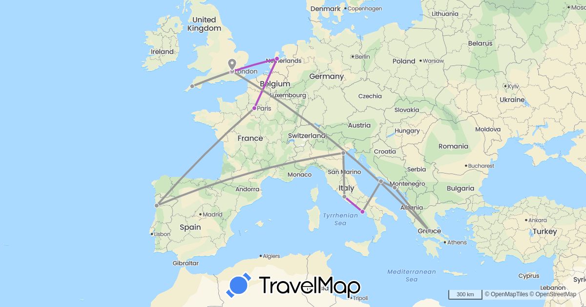 TravelMap itinerary: driving, plane, train in France, United Kingdom, Greece, Croatia, Italy, Netherlands, Portugal, Vatican City (Europe)